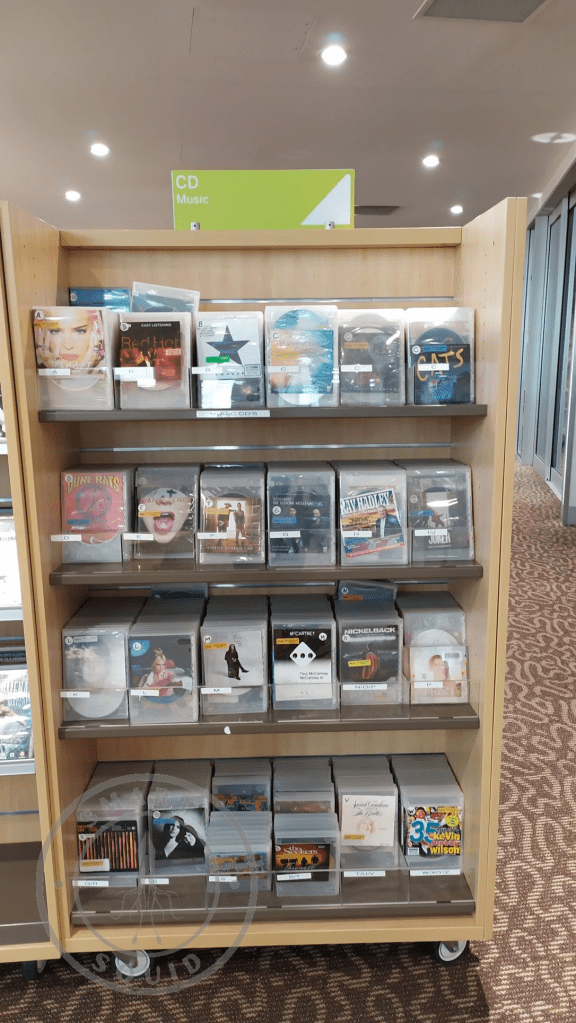 CD collection on shelves