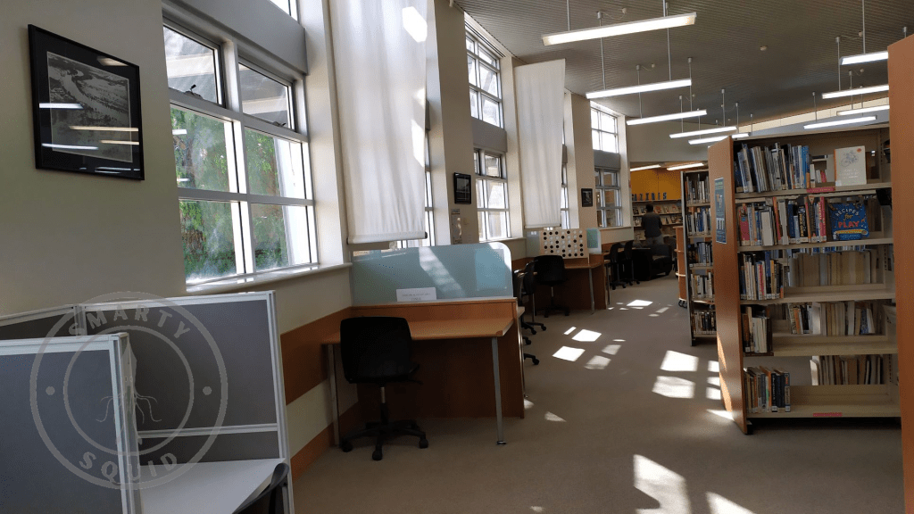inside Berri Library ooking at individual desks and chairs along side wall
