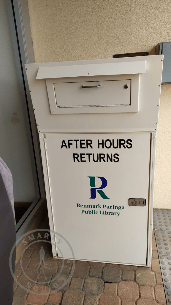 metal box outside renmark public library used for after hours returns of books