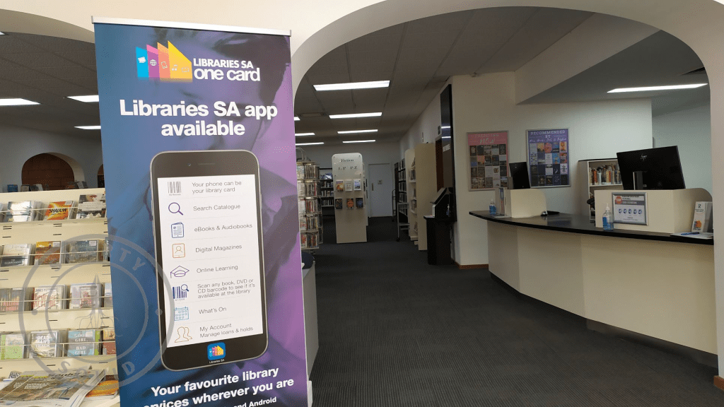 Inside Renmark public library looking at the information desk
