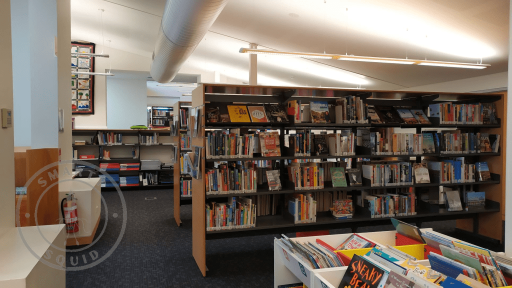 inside Bordertown Library looking at books on shelves